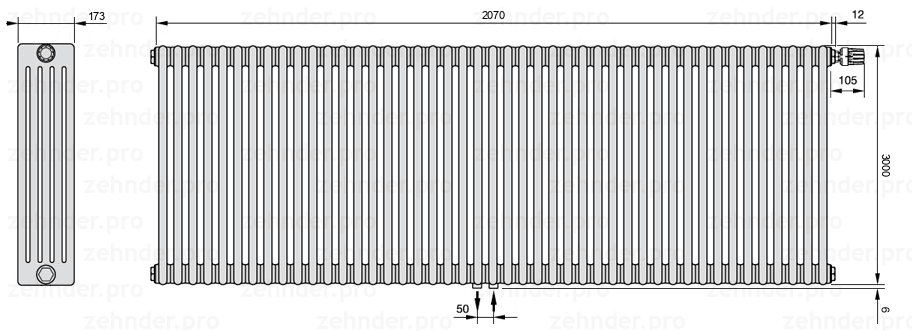 Схема (чертеж) Радиатор Zehnder Charleston 5300/45 №V008 Белый глянцевый RAL 9016
